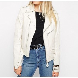 Celebrity Style Slim Fit White Leather Biker Jacket