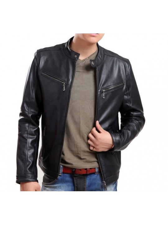Genuine Lambskin Slim Fit Black Leather Jacket for Mens