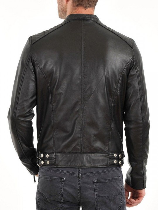 Mens Genuine Soft Lambskin Biker Style Black Leather Jacket