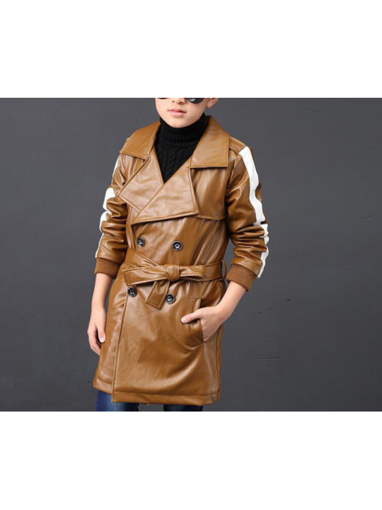 Kids Windbreaker Lapel Brown Leather Trench Jacket
