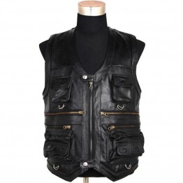 Casual Thicken Black Leather motorcycle Sleeveless Vest for Mens