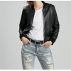 Classic Pure Lambskin Black Leather Bomber Jacket for Women