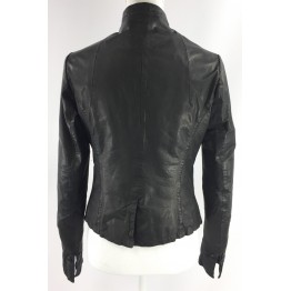 Classic Single Breasted Pure Black Leather Blazer for Ladies