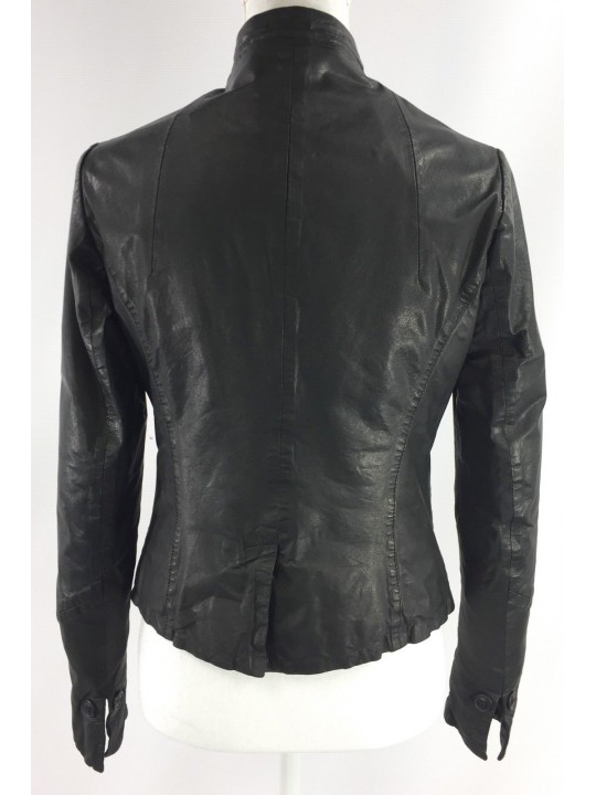 Classic Single Breasted Pure Black Leather Blazer for Ladies