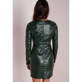Fitted Long Sleeves Green Leather Bodycon Dress for Womens