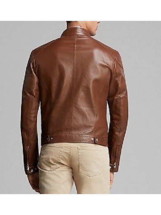 Fitted Mens Leather Brown Jacket with Four Pockets