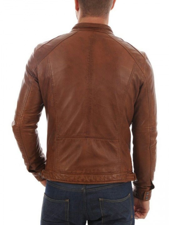Genuine Lambskin Tan Brown Leather Biker Motorcycle Jacket