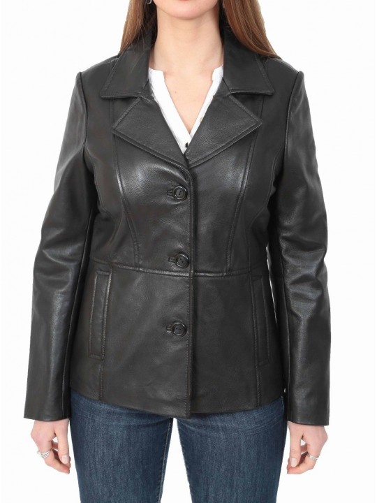 Ladies Classic Hip Length Black Leather Blazer Coat