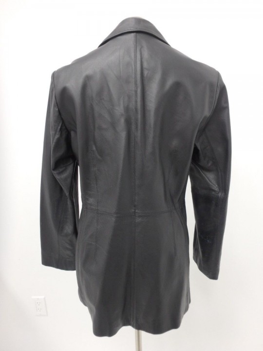Ladies Classic Premium Three Button Black Leather Coat