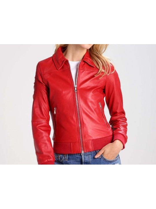 Ladies Classic Pure Red Leather Flight Bomber Jacket