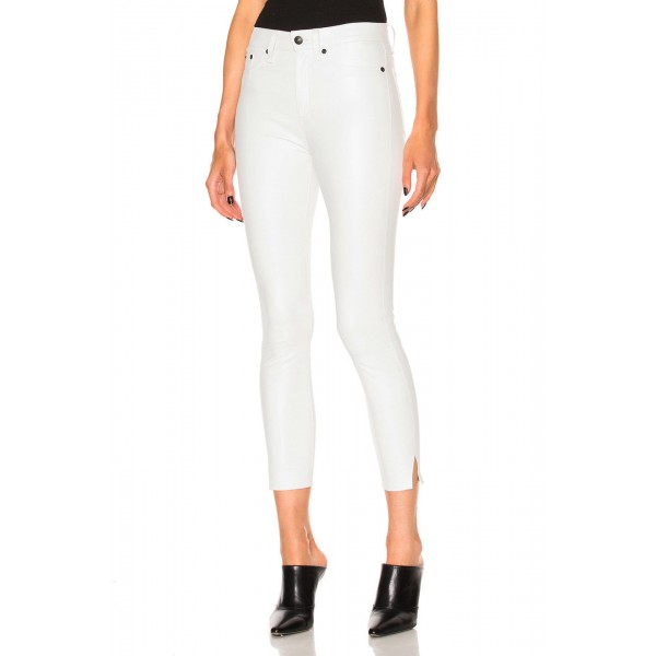 Ladies Cool Skinny White Leather Capri Pants Jeans With Slit