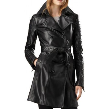 Ladies Vintage Genuine Black Leather Outerwear Trench Coat