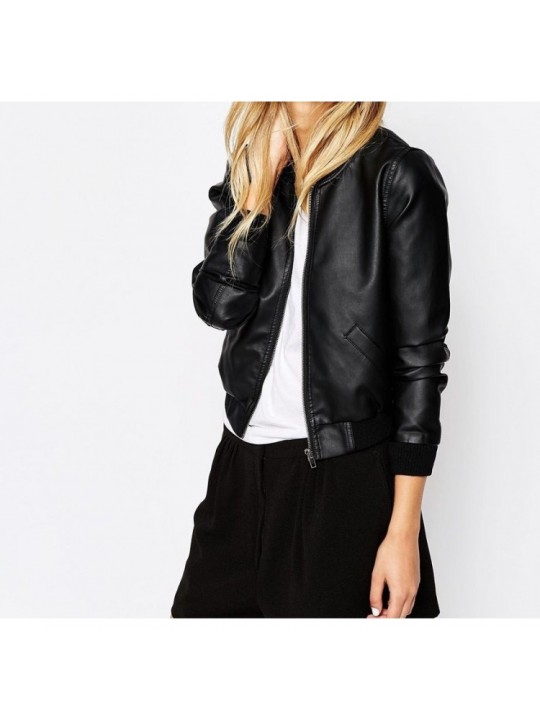 Ladies Black Leather Bomber Jacket