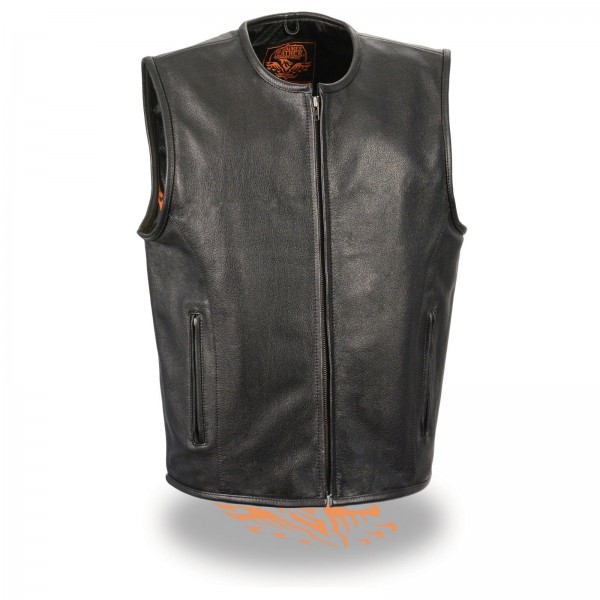 Mens Seamless Design Zipper Front Black Leather Vest