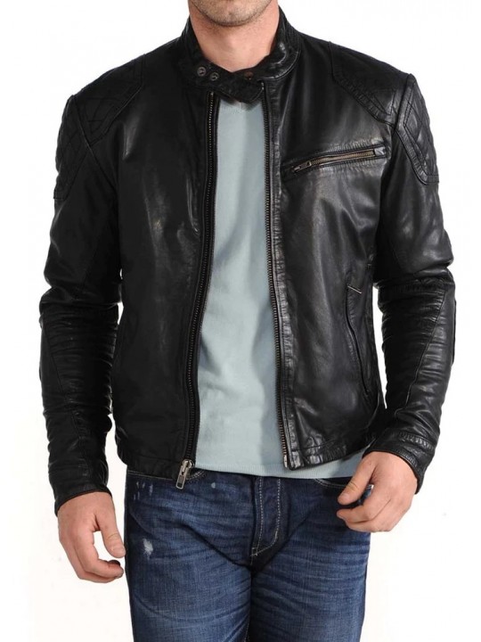 Mens Classic Black Biker Moto Leather Jacket Coat