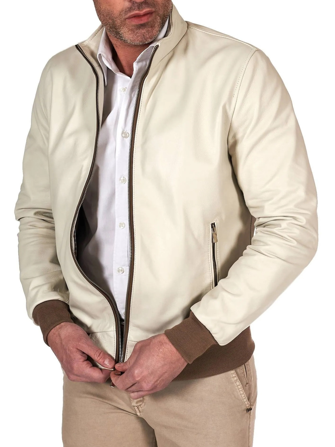 Leather Shell Rib Contrast Rib Cream Leather Bomber Jacket