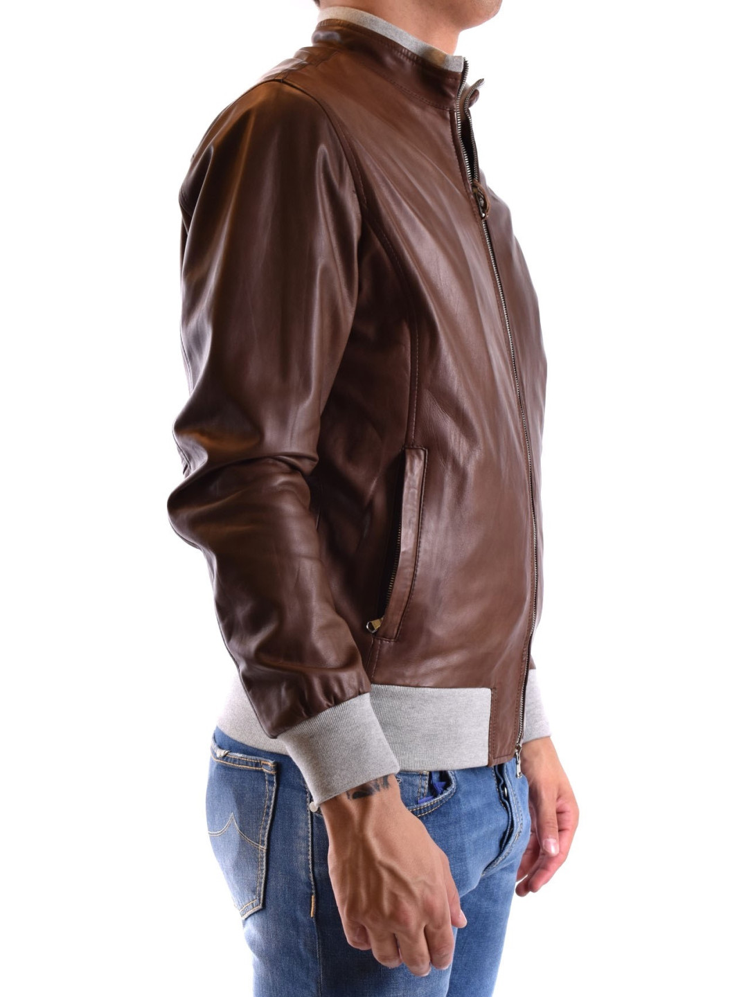 Leather Shell Rib Contrast Rib Detailing Brown Leather Bomber Jacket