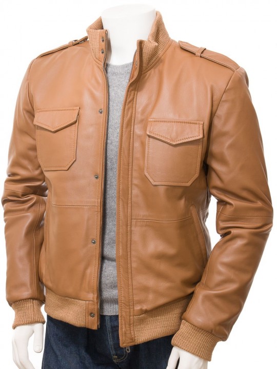 Mens Cool Slim Fit Genuine Brown Leather Bomber Jacket