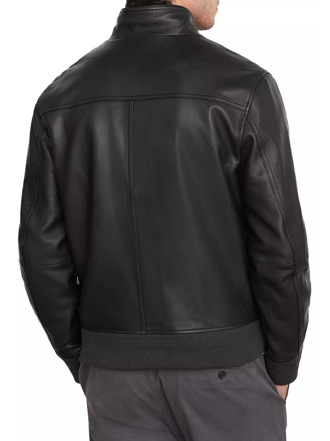 Mock Neck With Button Closure Black Leather Bomber Jacket