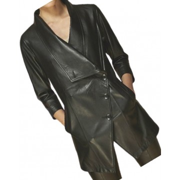 Mens Asymmetrical Front Genuine Sheepskin Black Long Leather Trench Coat