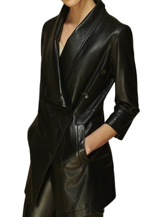 Mens Asymmetrical Front Genuine Sheepskin Black Long Leather Trench Coat
