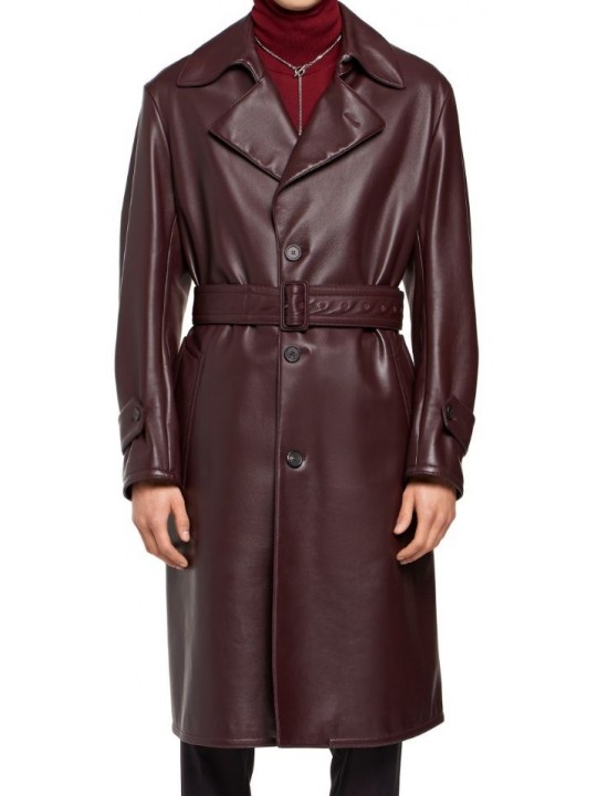 Mens Belted Real Sheepskin Burgundy Long Leather Trench Coat