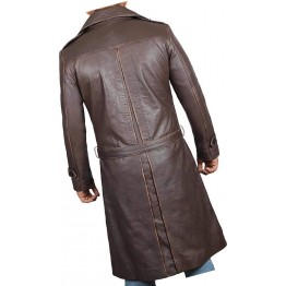 Mens Classic  Real Sheepskin Distressed Brown Long Leather Trench Coat