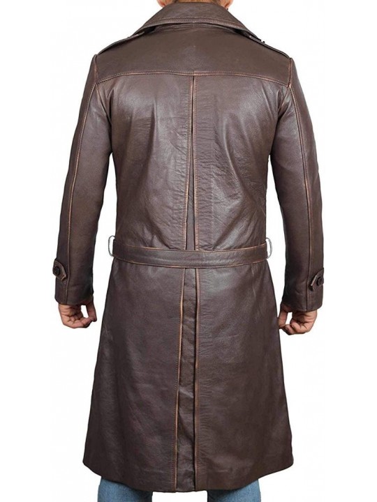 Mens Classic  Real Sheepskin Distressed Brown Long Leather Trench Coat