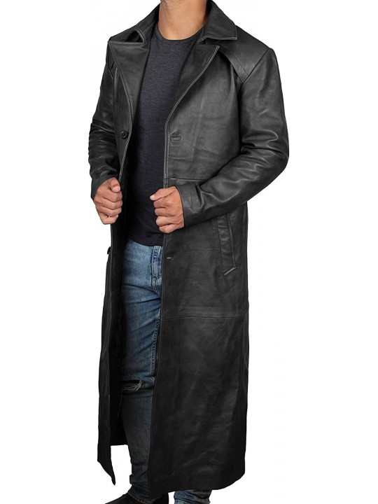 Mens Classic Real Sheepskin Black Long Leather Trench Coat
