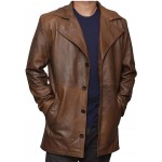Mens Distressed Real Sheepskin Brown Long Leather Coat
