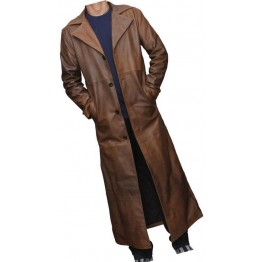 Mens Distressed Real Sheepskin Brown Long Leather Trench Coat