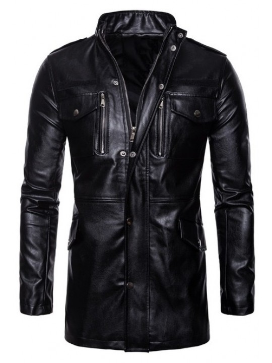 Mens Edgy Genuine Sheepskin Black Leather Long Trench Coat