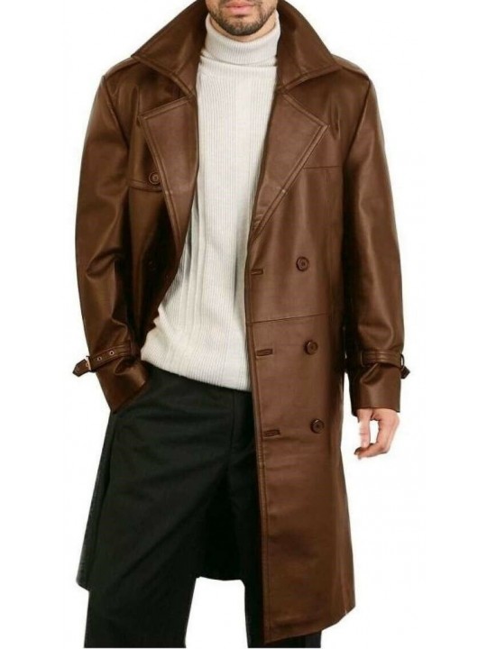 Mens Elegant style Real Sheepskin Brown Long Leather Trench Coat