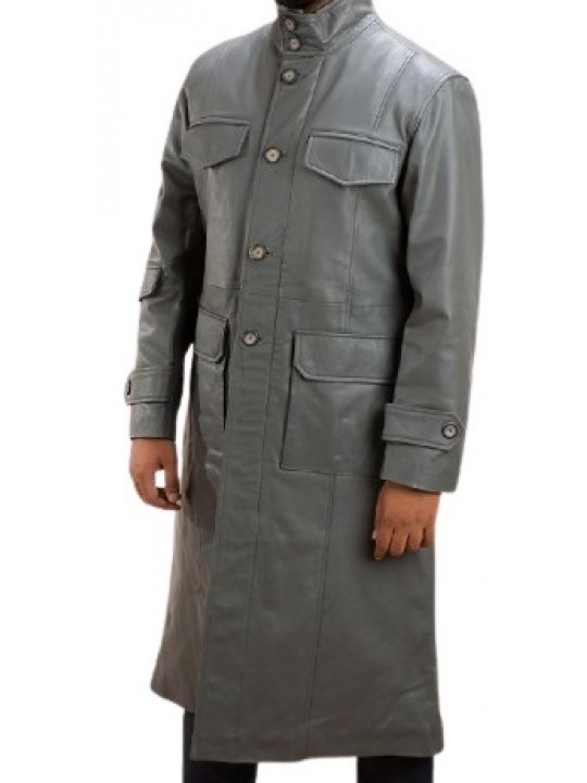 Mens Fabulous Genuine Sheepskin Gray Leather Long Trench Coat