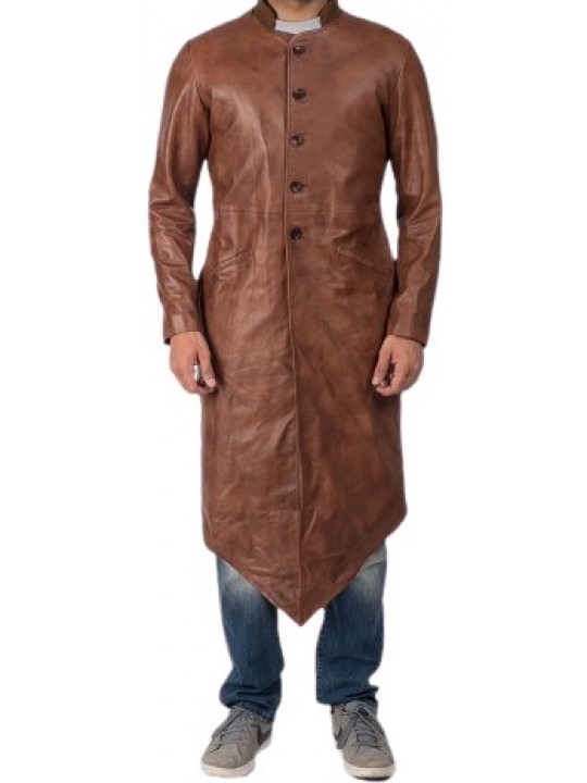 Mens Genuine Sheepskin Vintage Brown Leather Long Trench Coat