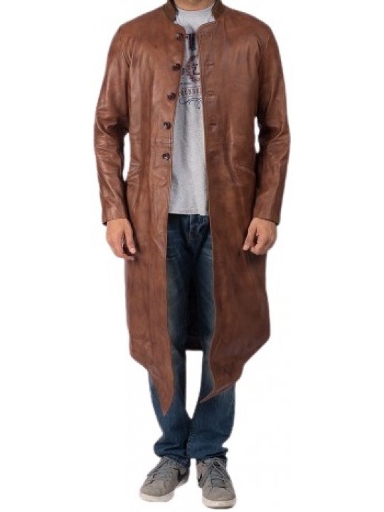 Mens Genuine Sheepskin Vintage Brown Leather Long Trench Coat