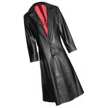 Mens Gothic Style Real Sheepskin Black Leather Long Trench Coat