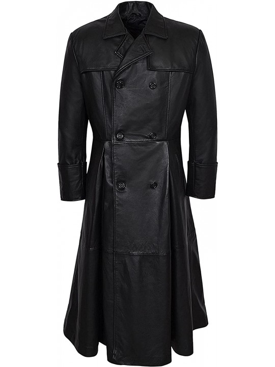 Mens Impressive Style Genuine Sheepskin black Leather Long Trench Coat