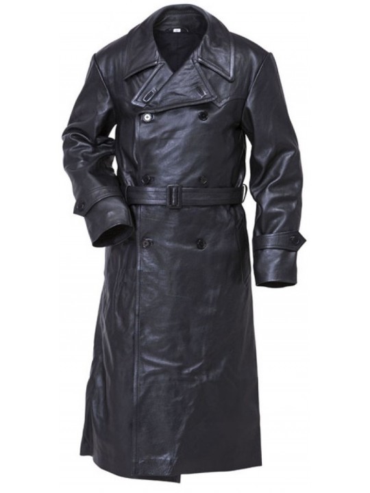 Mens Military Style Genuine Sheepskin Black Leather Long Trench Coat