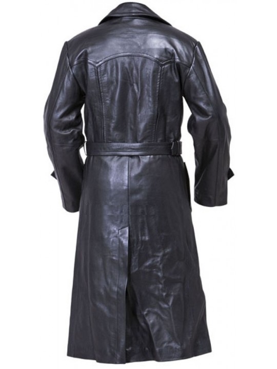 Mens Military Style Genuine Sheepskin Black Leather Long Trench Coat