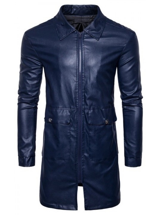 Mens New Fashion Real Sheepskin Blue Leather Coat