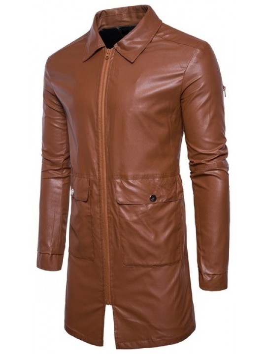 Mens New Fashion Real Sheepskin Brown Leather Coat