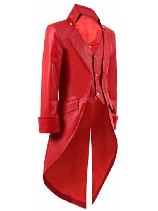 Mens Steampunk Style Genuine Sheepskin Red Leather Long Trench Coat