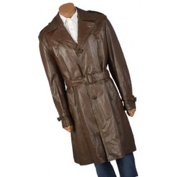 Mens Trendy Real Sheepskin Brown Long Leather Trench Coat