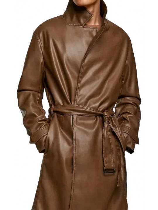 Mens Unique Design Genuine Sheepskin Brown Leather Long Trench Coat