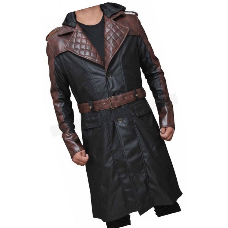Mens Unique Style Hooded Real Sheepskin, Hooded Leather Trench Coat Jacket