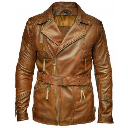 Mens Vintage Biker Style Real Sheepskin Distressed Brown Leather Coat