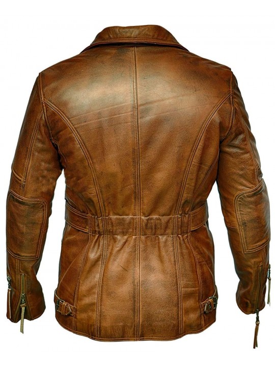 Mens Vintage Biker Style Real Sheepskin Distressed Brown Leather Coat