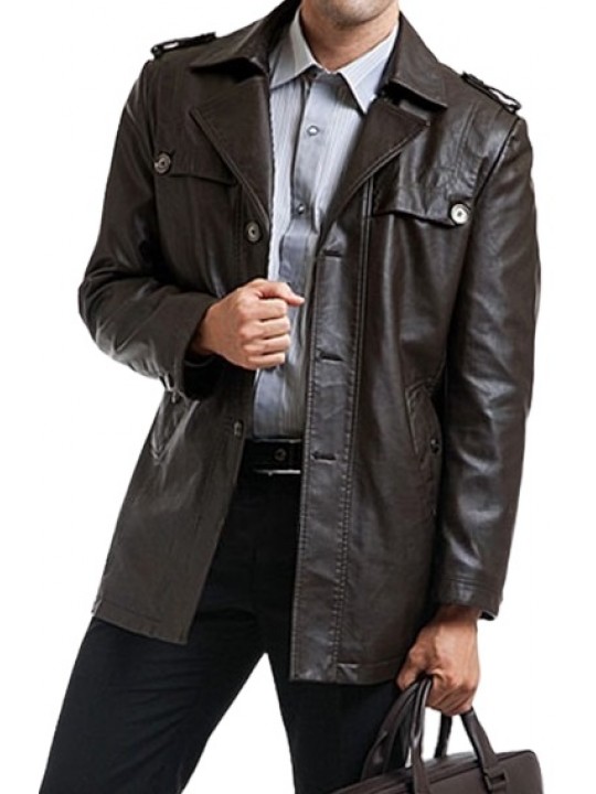 Single Breasted Mens Black Motorcycle Leather Coat