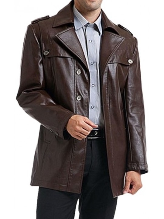 Single Breasted Mens Brown Motorcycle Leather Coat